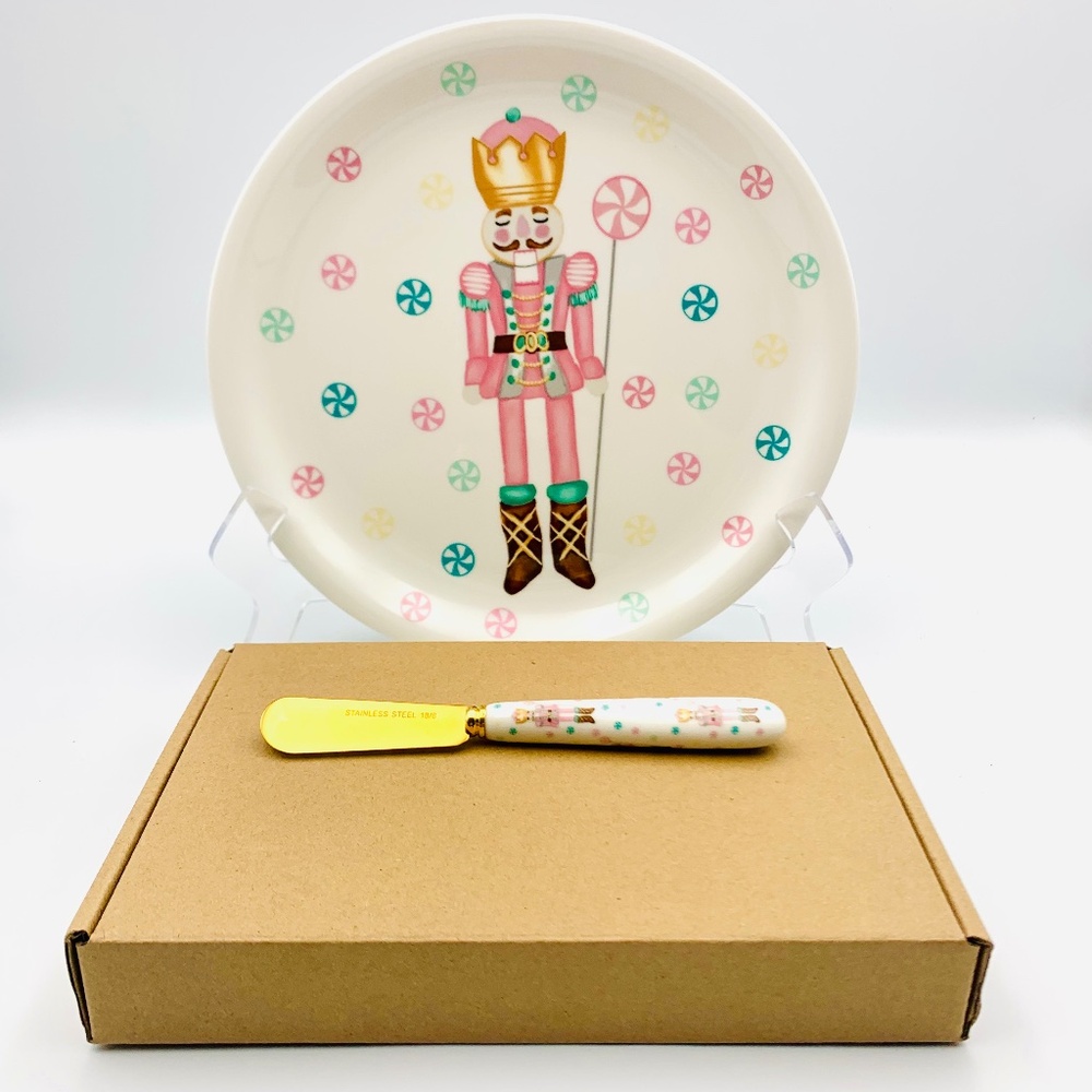 Mary Square Christmas Pink Nutcracker candies ceramic serving platter & spreader